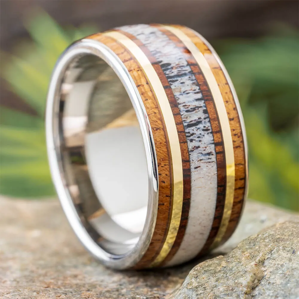 Men's Antler Wedding Band with Hardwood and Gold Pinstripes