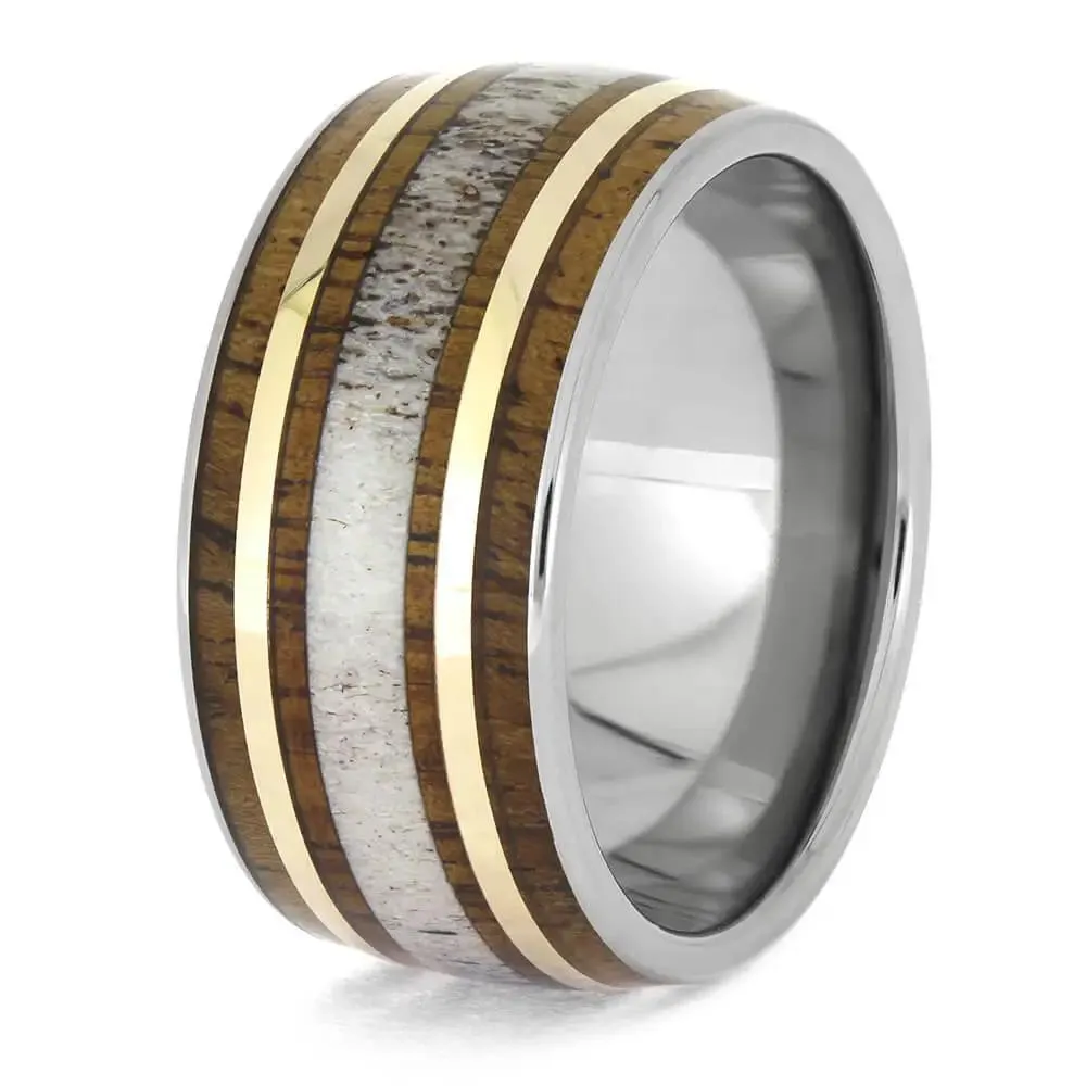 Men's Antler Wedding Band with Hardwood and Gold Pinstripes