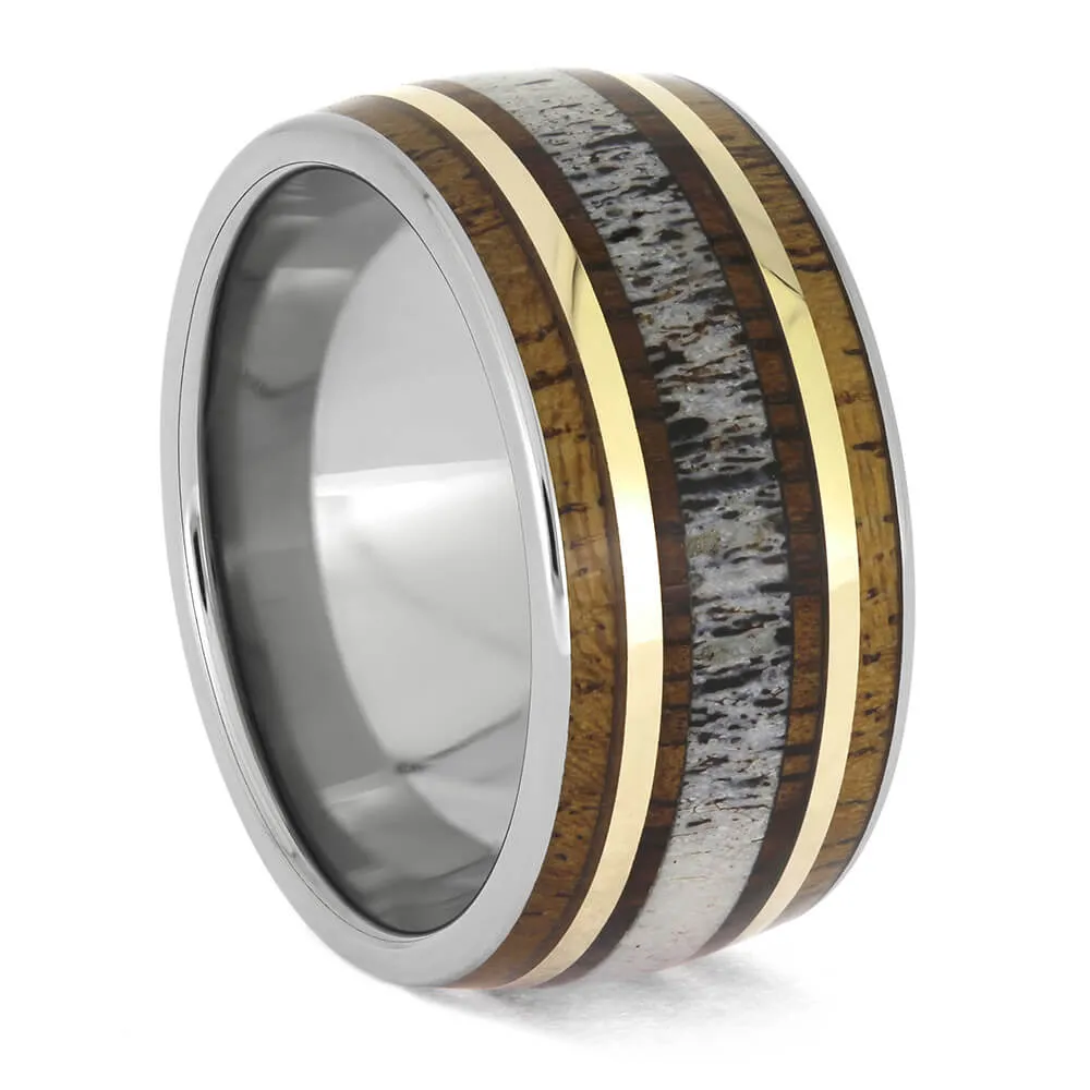 Men's Antler Wedding Band with Hardwood and Gold Pinstripes