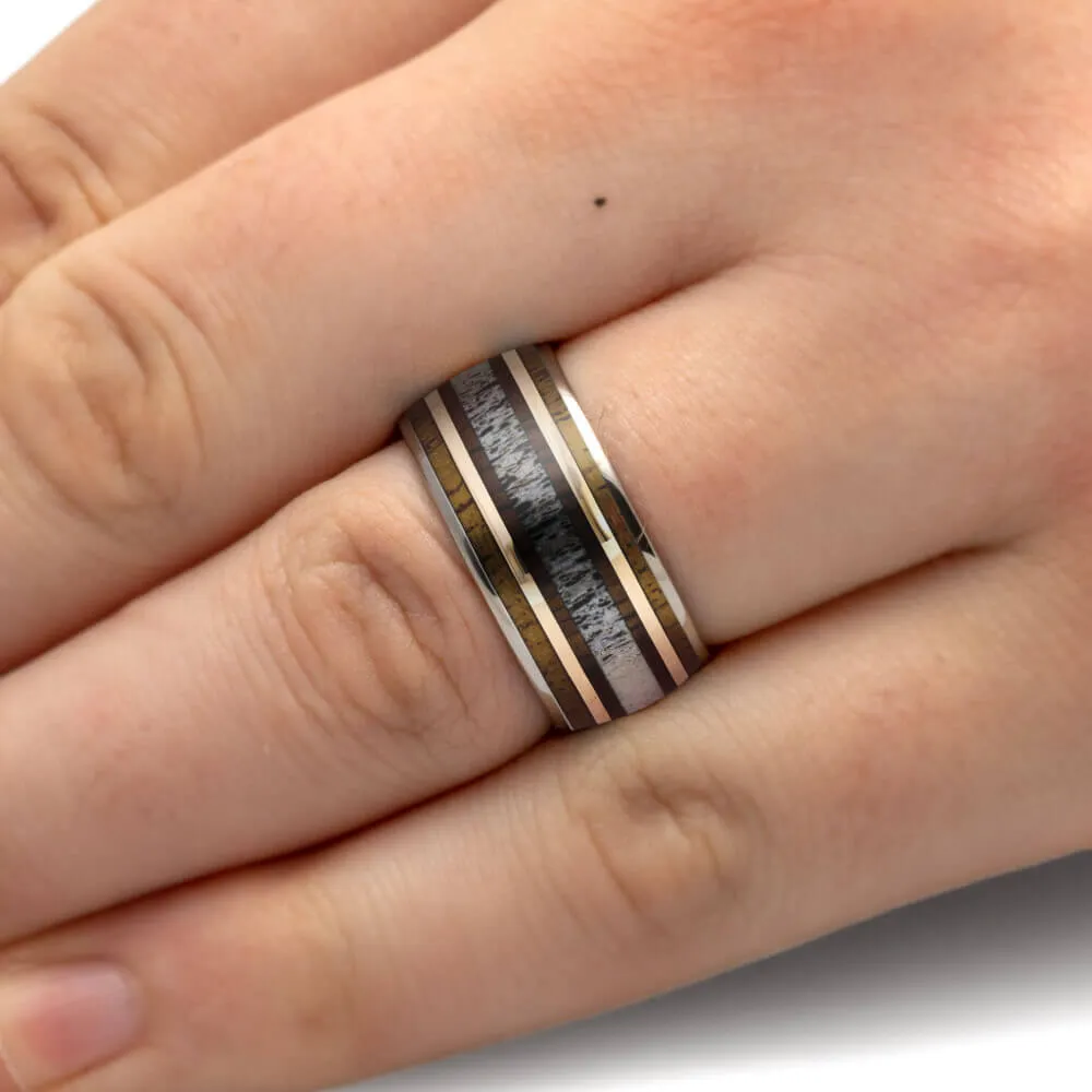 Men's Antler Wedding Band with Hardwood and Gold Pinstripes