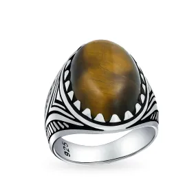 Mens Silver Ring with Black Onyx Blue Turquoise Tiger Eye Gemstone Lion Claw Design