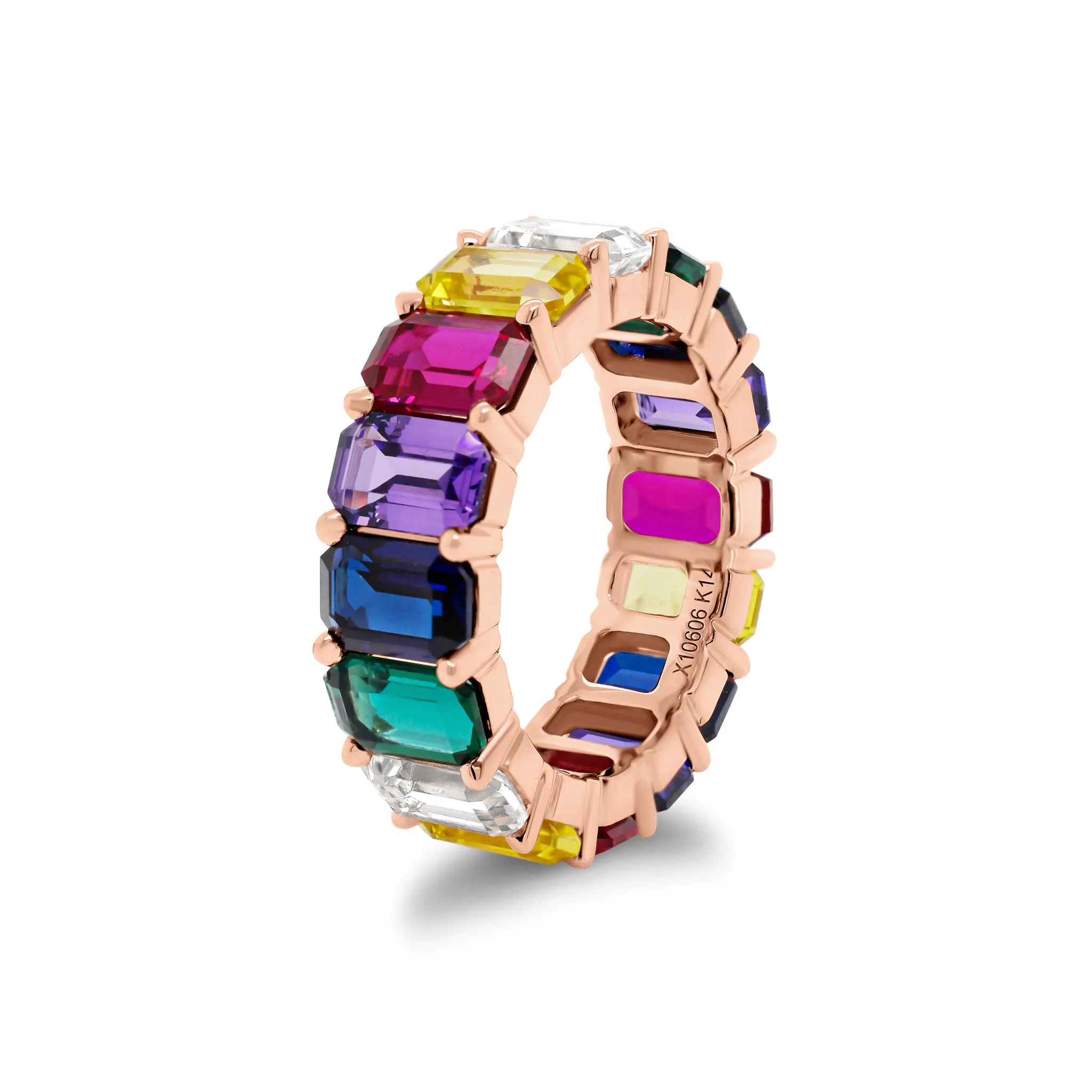 Multicolor Emerald-Cut Gemstone Eternity Ring