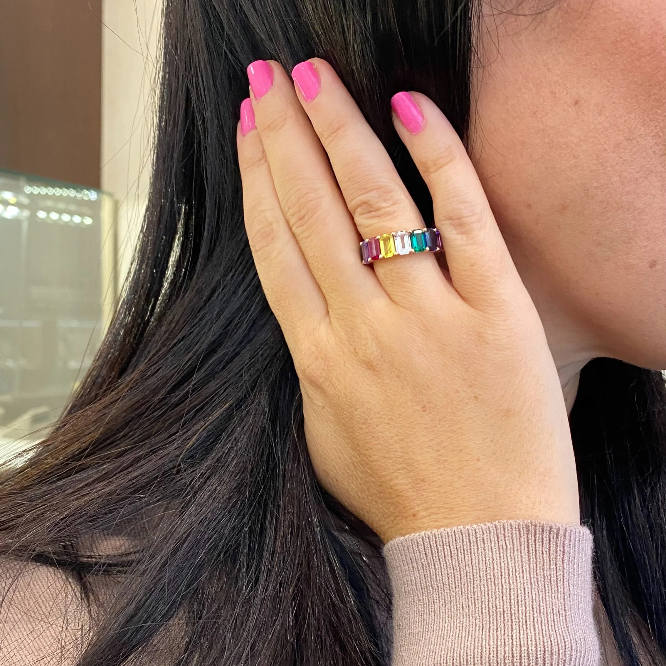 Multicolor Emerald-Cut Gemstone Eternity Ring
