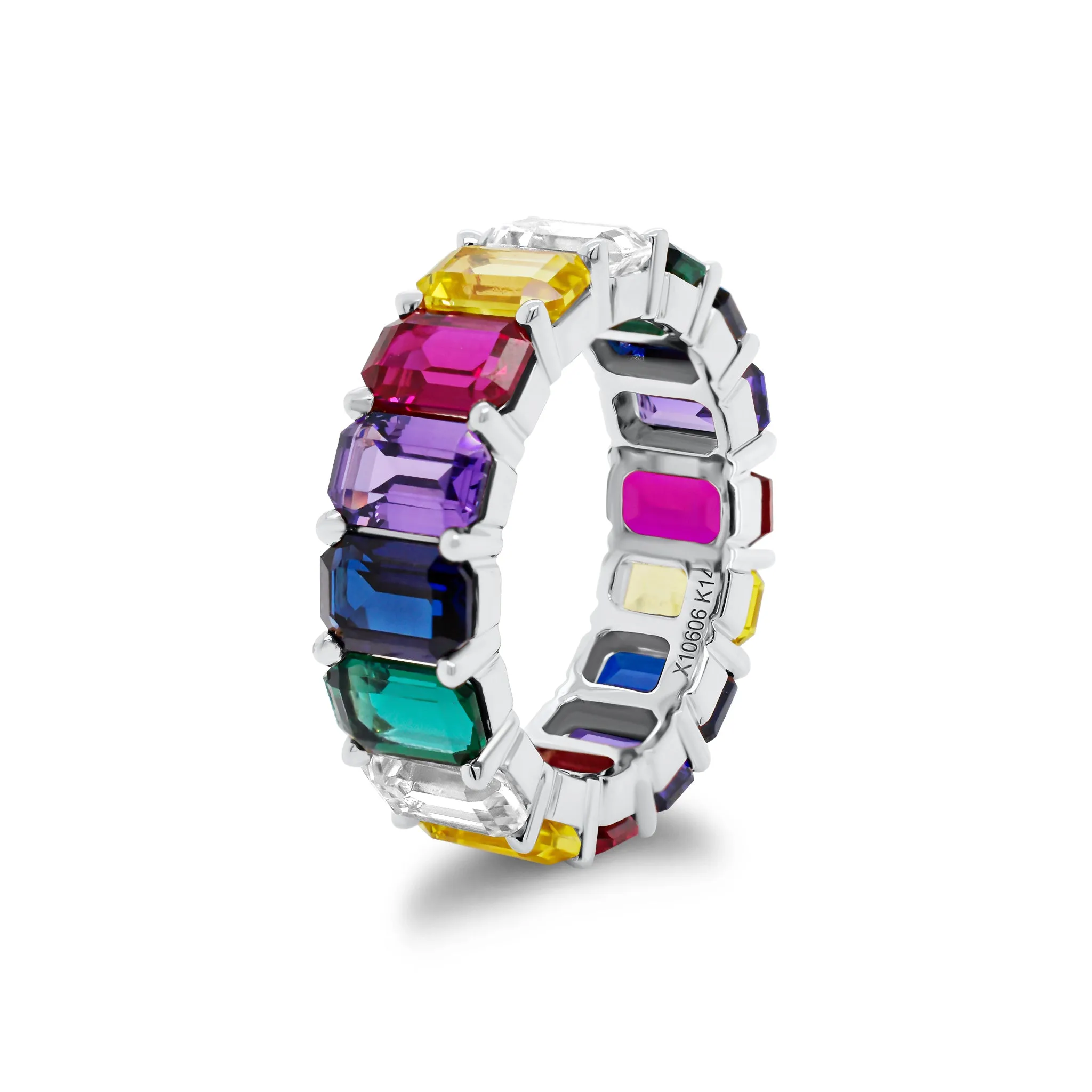 Multicolor Emerald-Cut Gemstone Eternity Ring