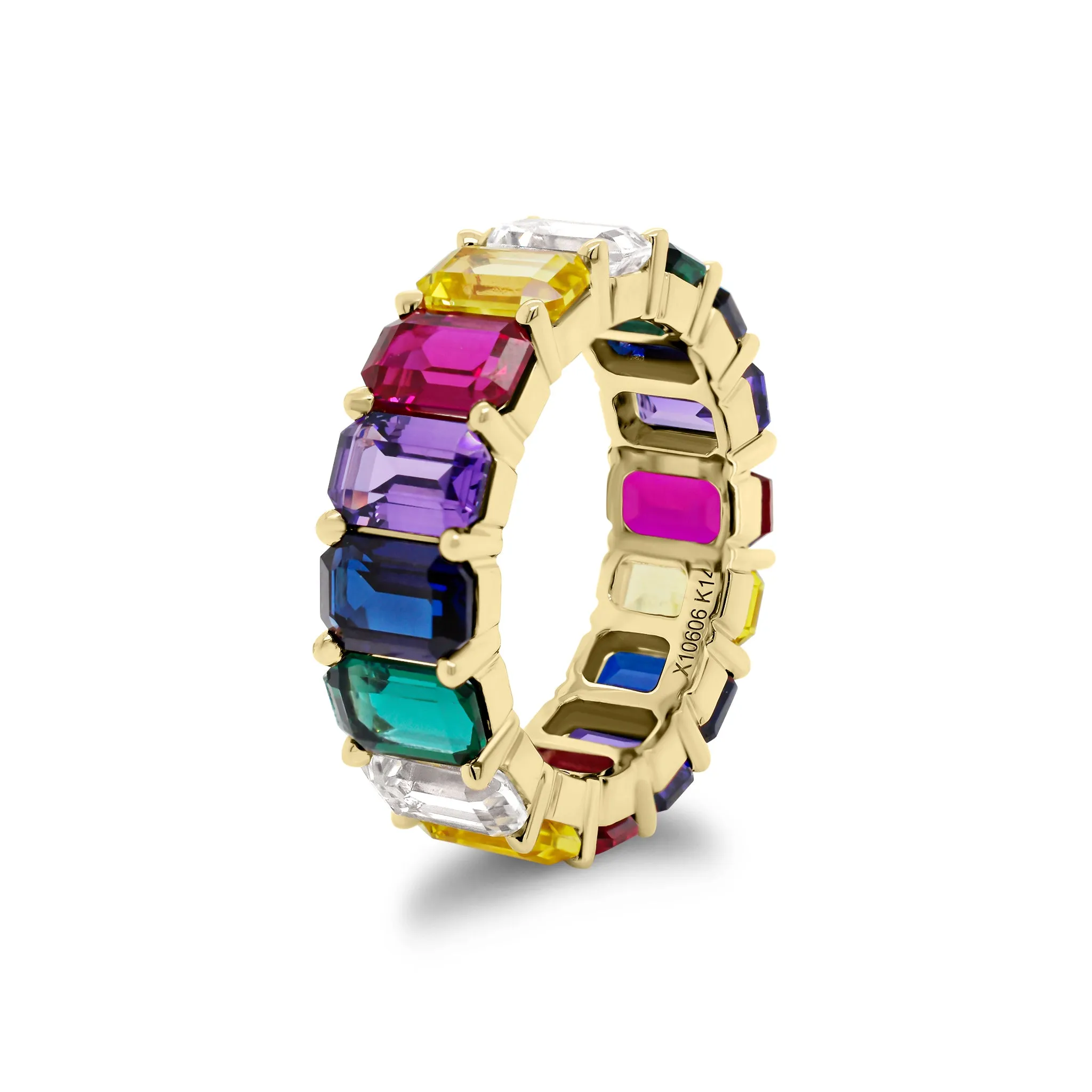 Multicolor Emerald-Cut Gemstone Eternity Ring