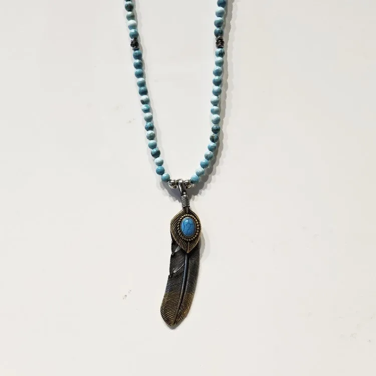 Natural Turquoise and Takahashi Goro Feather Beaded Necklace