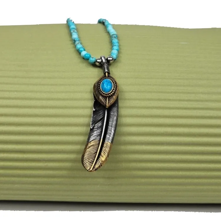 Natural Turquoise and Takahashi Goro Feather Beaded Necklace