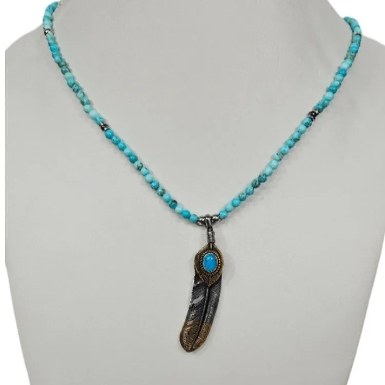 Natural Turquoise and Takahashi Goro Feather Beaded Necklace