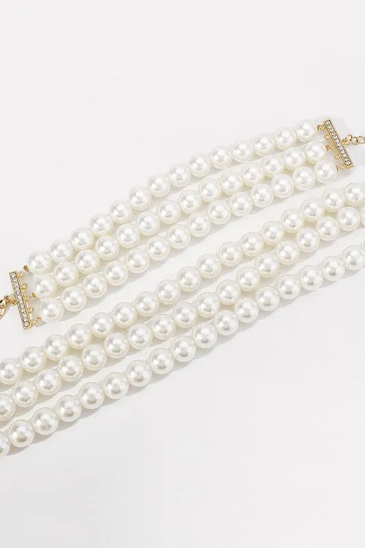 Opulent Layers Pearl Choker Necklace & Bracelet Set - White
