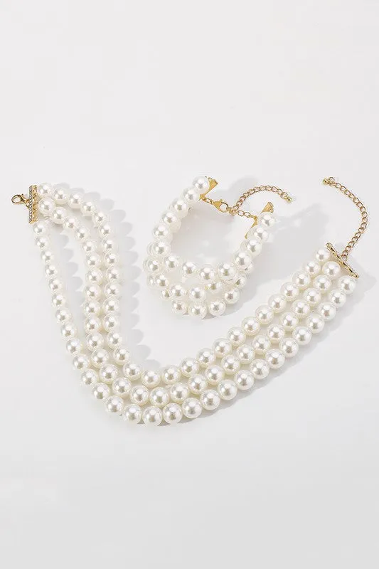 Opulent Layers Pearl Choker Necklace & Bracelet Set - White