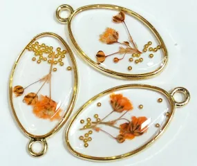 Orange & Golden Orange & Golden Oval Shaped Floral Design Resin Pendants with One Hole