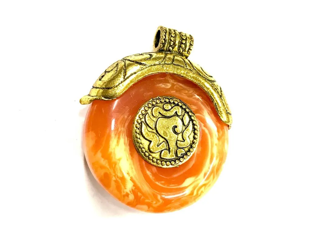 Orange Circular Stone Pendant with Golden Cap (40x35 mm)