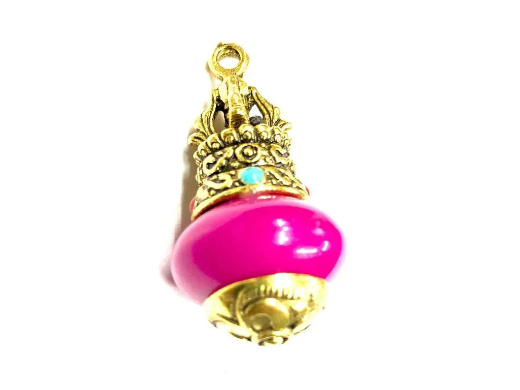 Pink Round Stone Pendant with Designer Golden Cap
