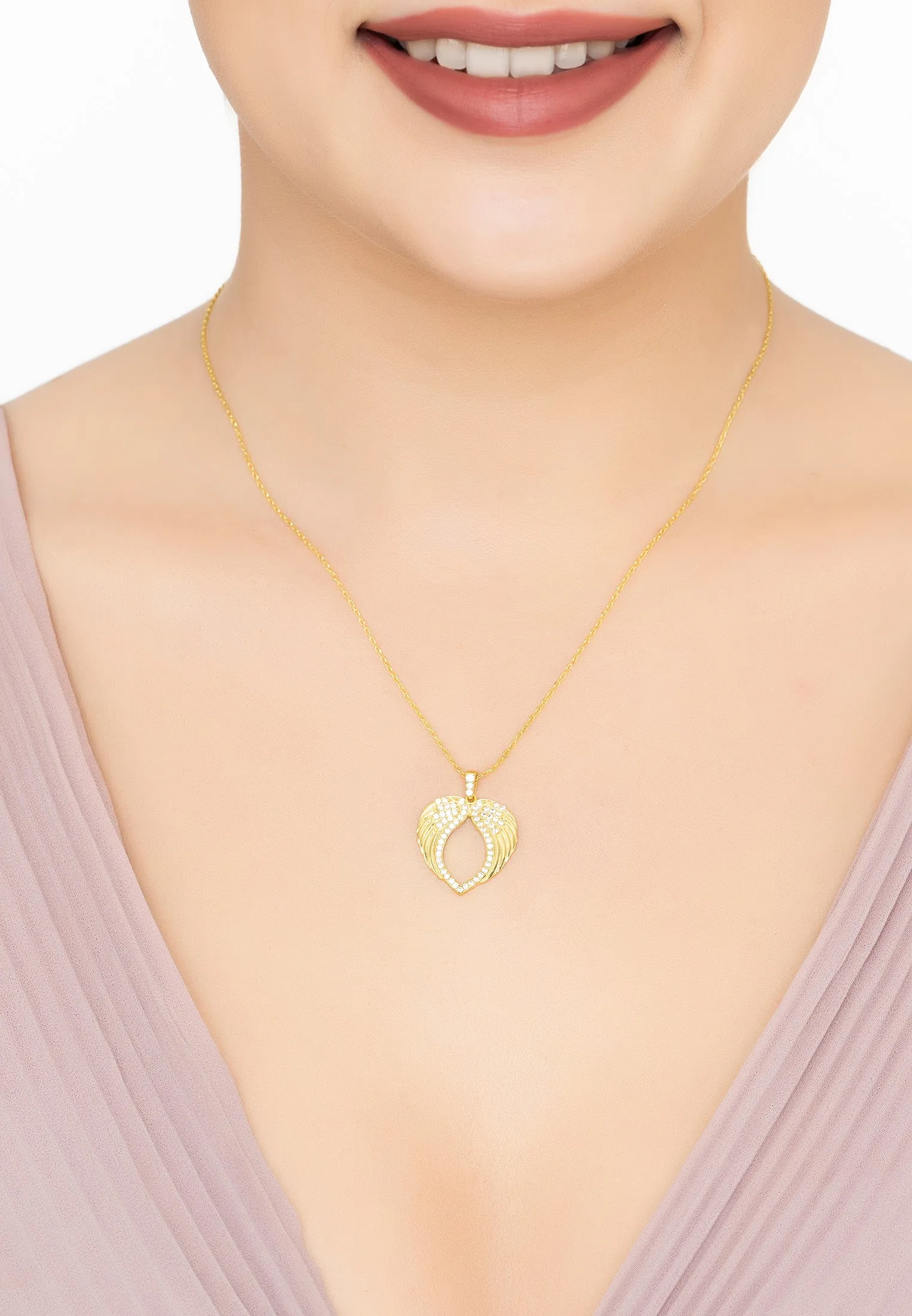 Protective Heart Angel Wing Pendant Necklace Gold