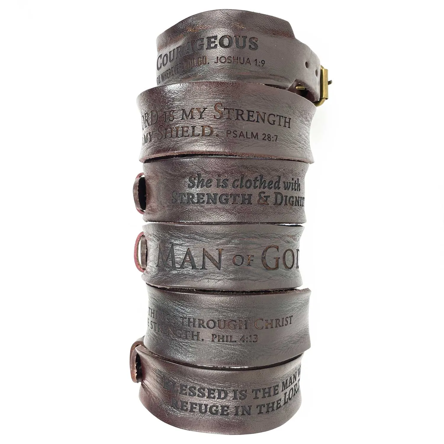 "Refuge in the Lord" Psalm 34:8 Laser-Engraved Brown Leather Scripture Bracelet with Watch Band Clasp