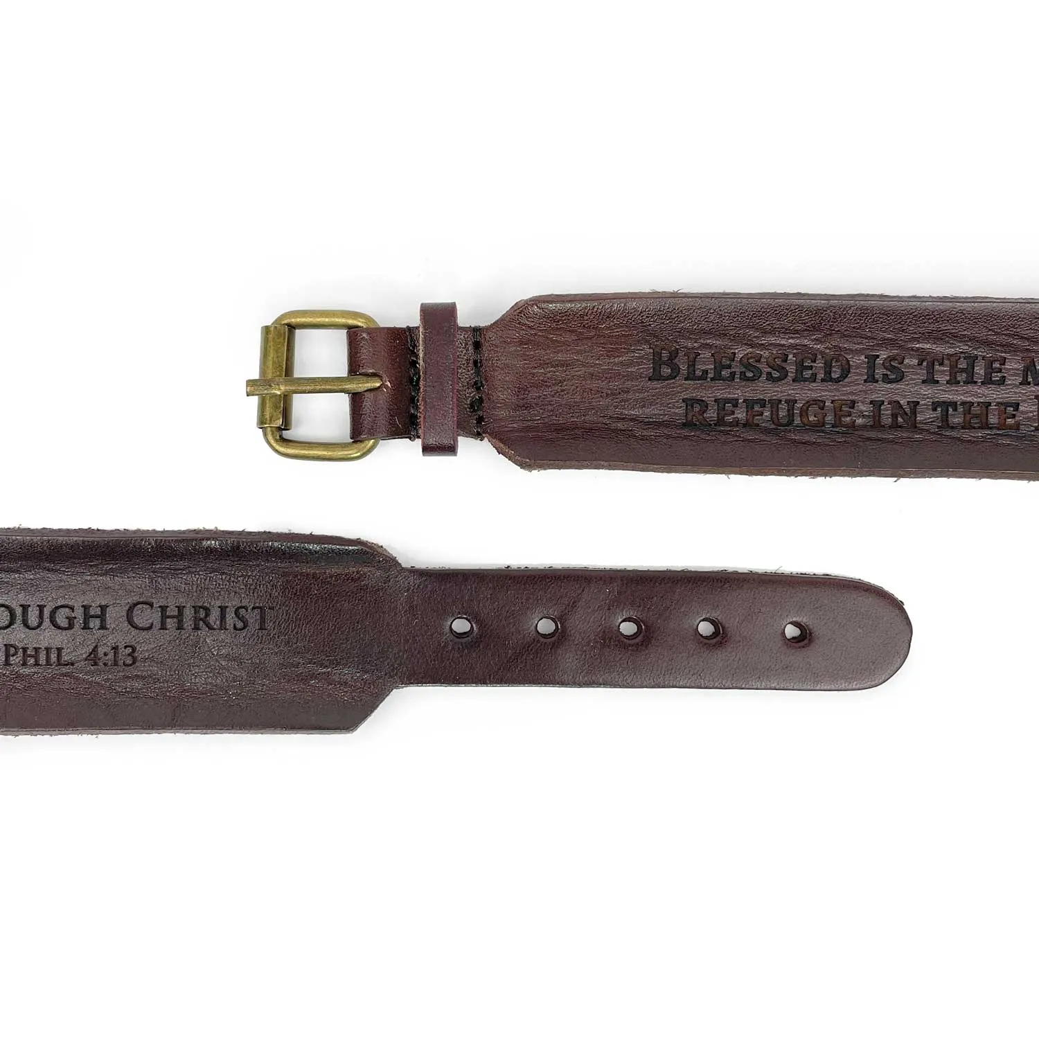 "Refuge in the Lord" Psalm 34:8 Laser-Engraved Brown Leather Scripture Bracelet with Watch Band Clasp