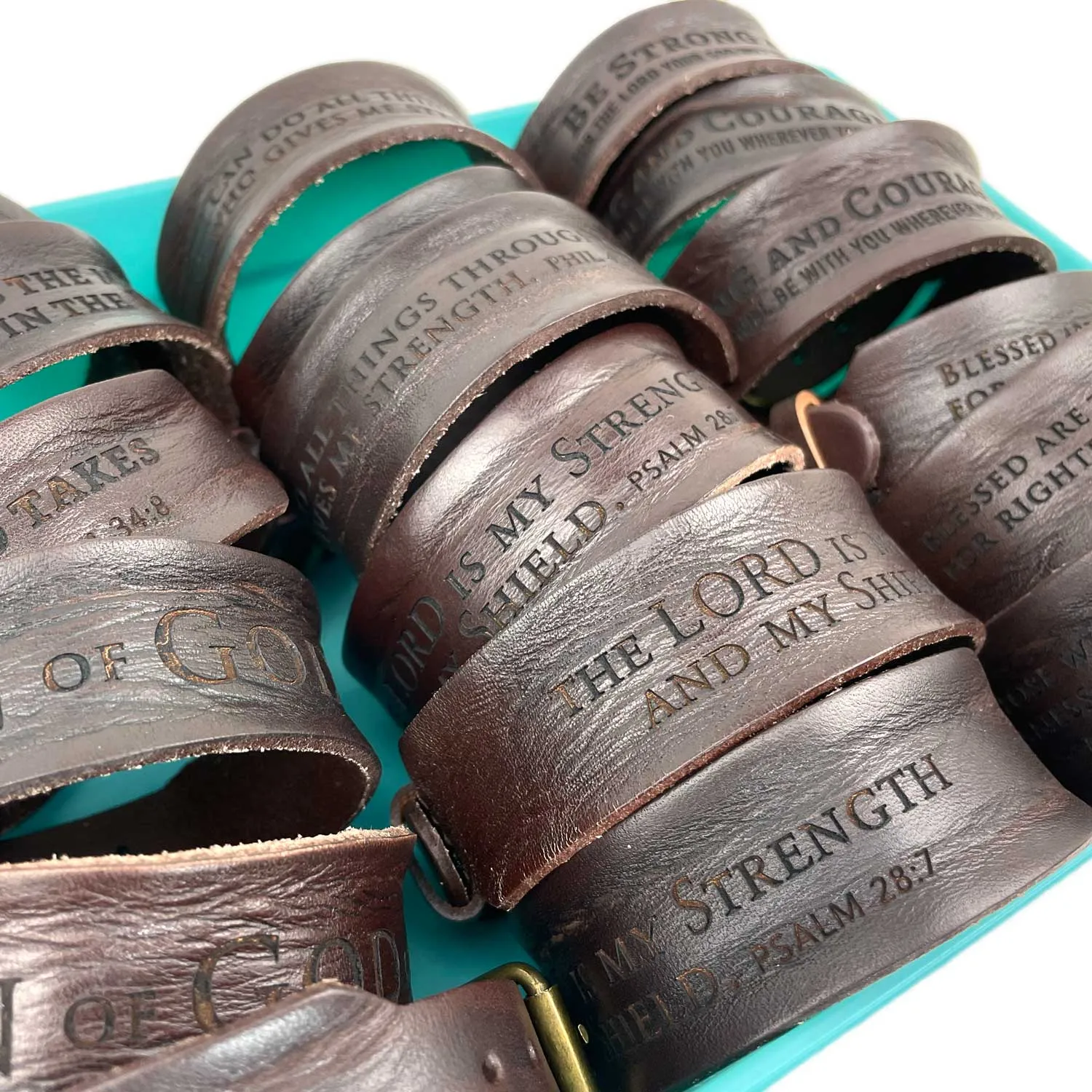 "Refuge in the Lord" Psalm 34:8 Laser-Engraved Brown Leather Scripture Bracelet with Watch Band Clasp