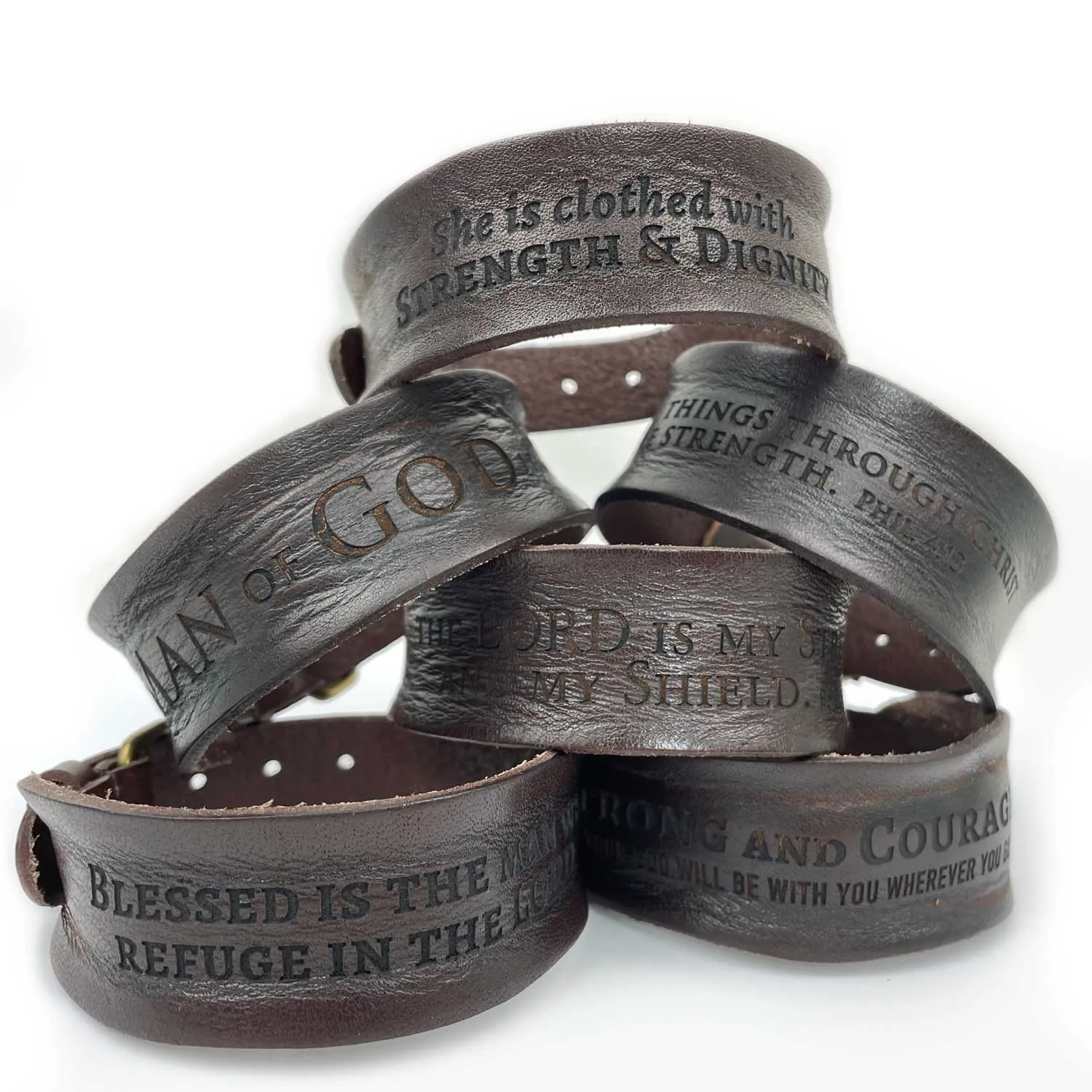 "Refuge in the Lord" Psalm 34:8 Laser-Engraved Brown Leather Scripture Bracelet with Watch Band Clasp