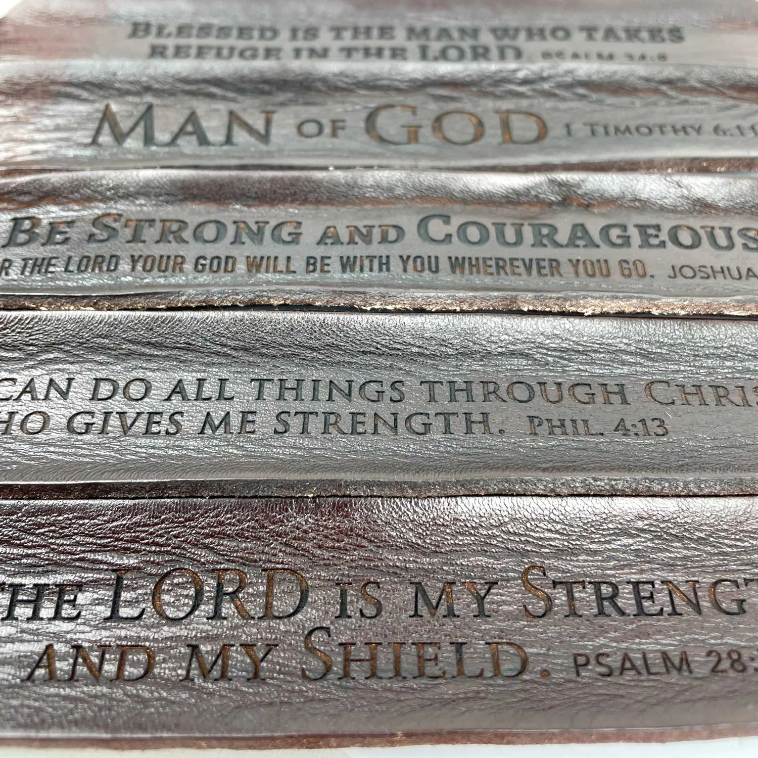 "Refuge in the Lord" Psalm 34:8 Laser-Engraved Brown Leather Scripture Bracelet with Watch Band Clasp