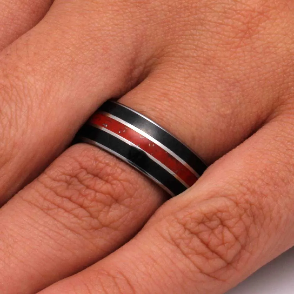 Red and Black Men's Wedding Band with Stardust™ & Jade