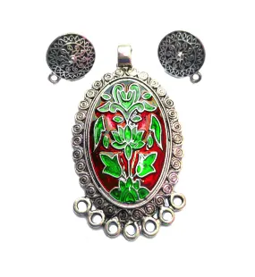 Red and Green Enamel Pendant And Studs