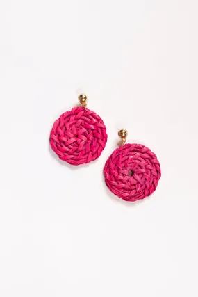 Round Raffia Earrings in Hot Pink