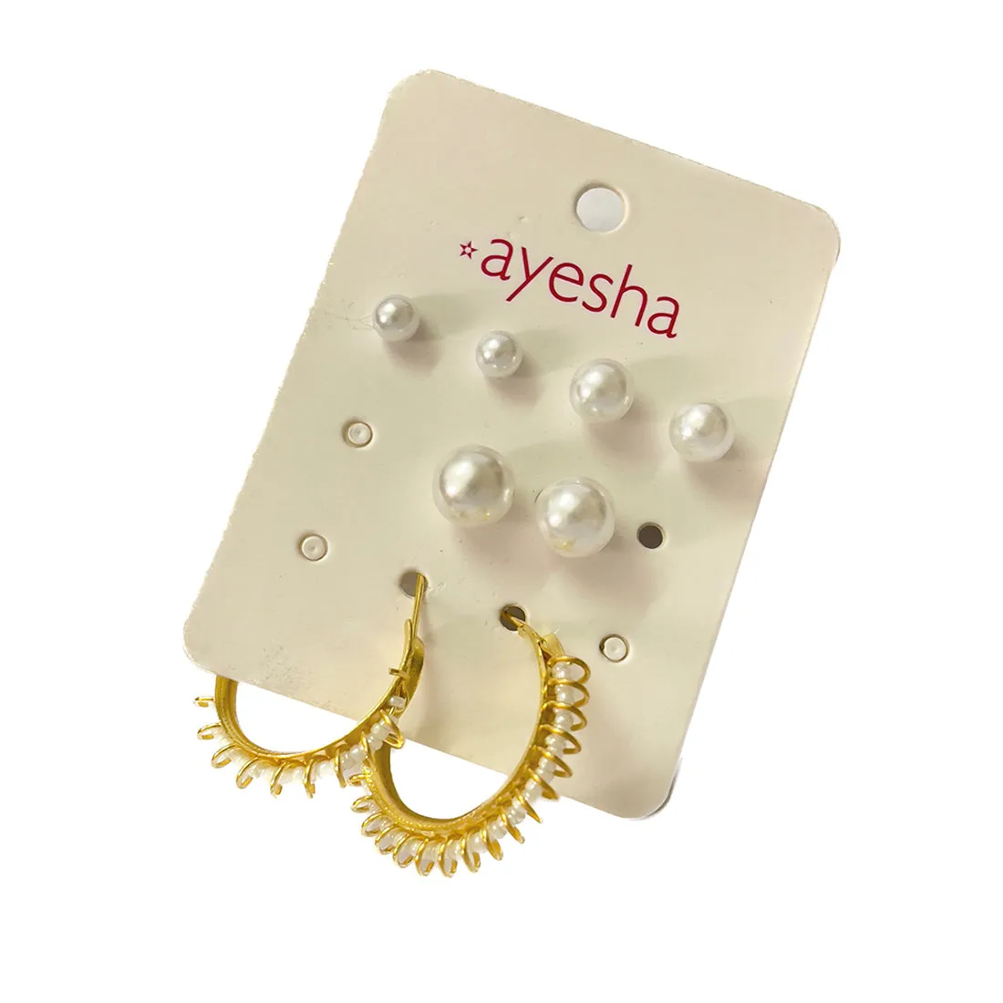 Set Of 4 White Pearl Studs In Different Sizes & Gold-Toned Wire Wrapped Hoop Earrings