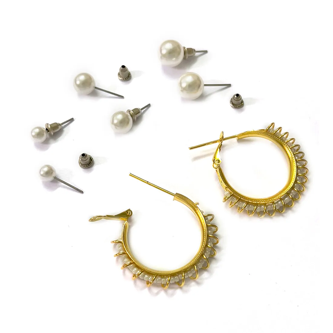 Set Of 4 White Pearl Studs In Different Sizes & Gold-Toned Wire Wrapped Hoop Earrings