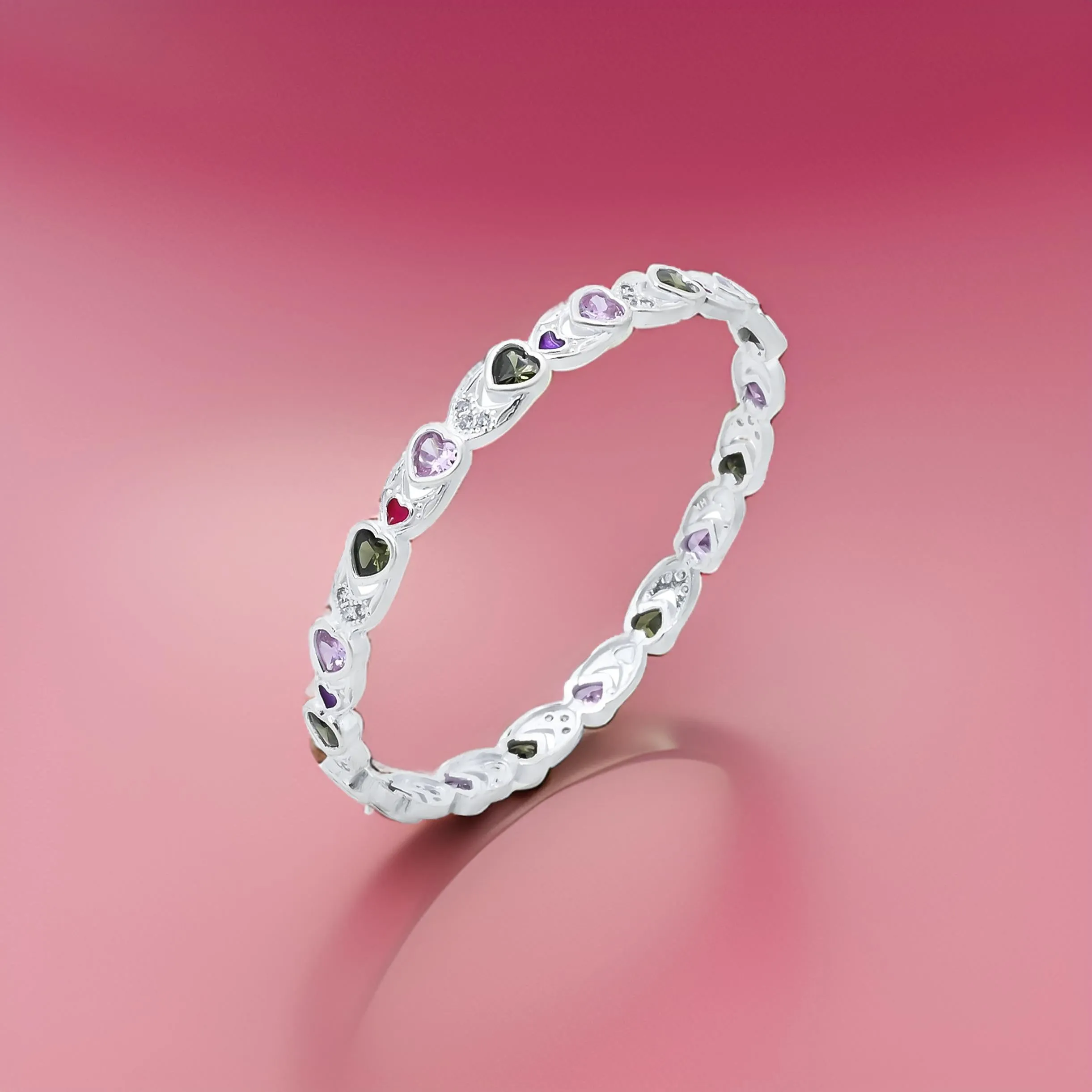 Silver Colorful Gem Stone Heart Shape Chudi for Girls