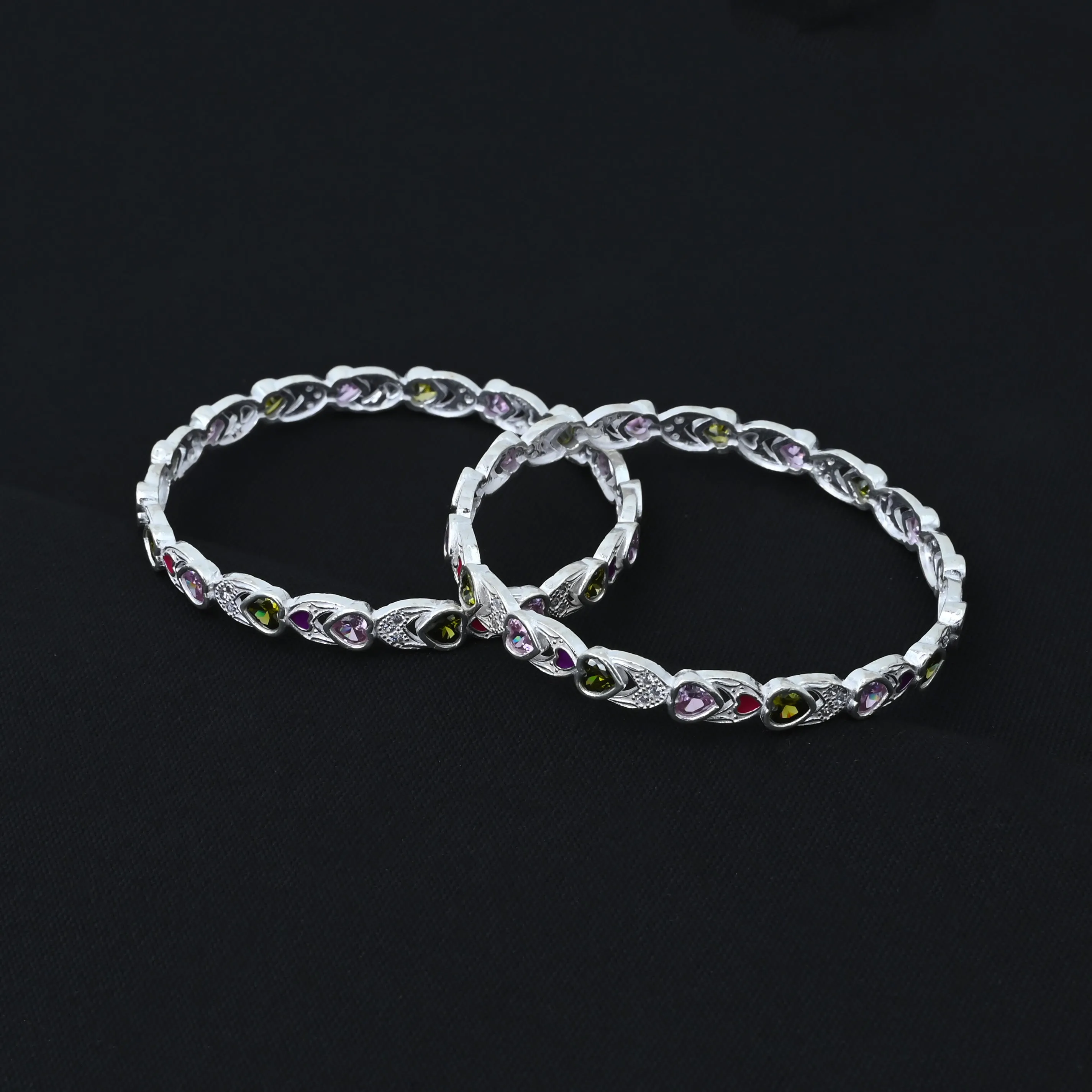 Silver Colorful Gem Stone Heart Shape Chudi for Girls