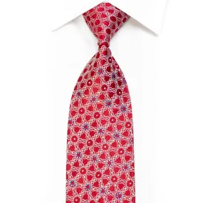 Silver Interlocking Chains On Red Rhinestone Silk Tie