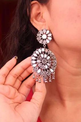 SILVER ROUND MIRROR WORKED EARRINGS