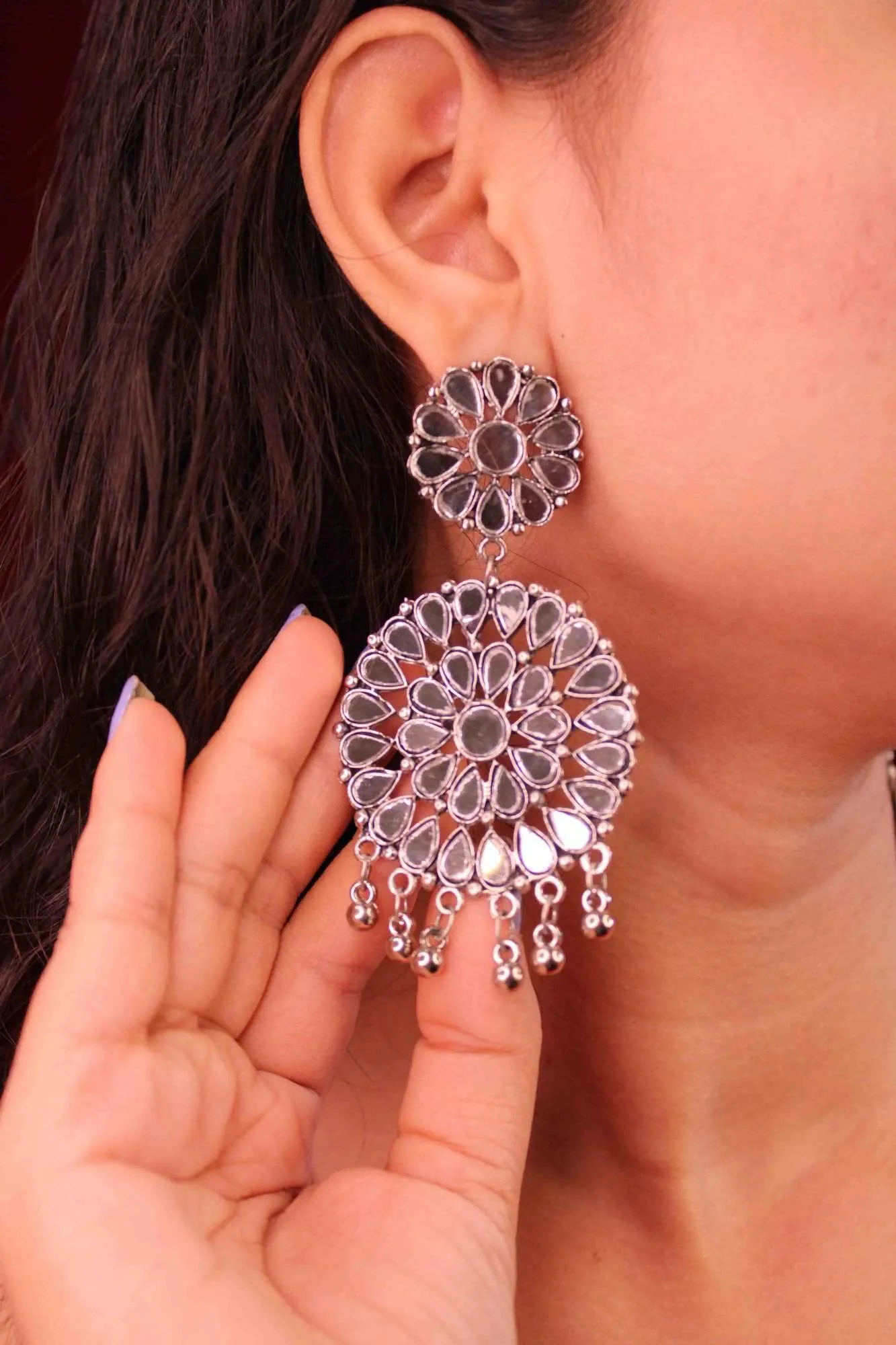 SILVER ROUND MIRROR WORKED EARRINGS