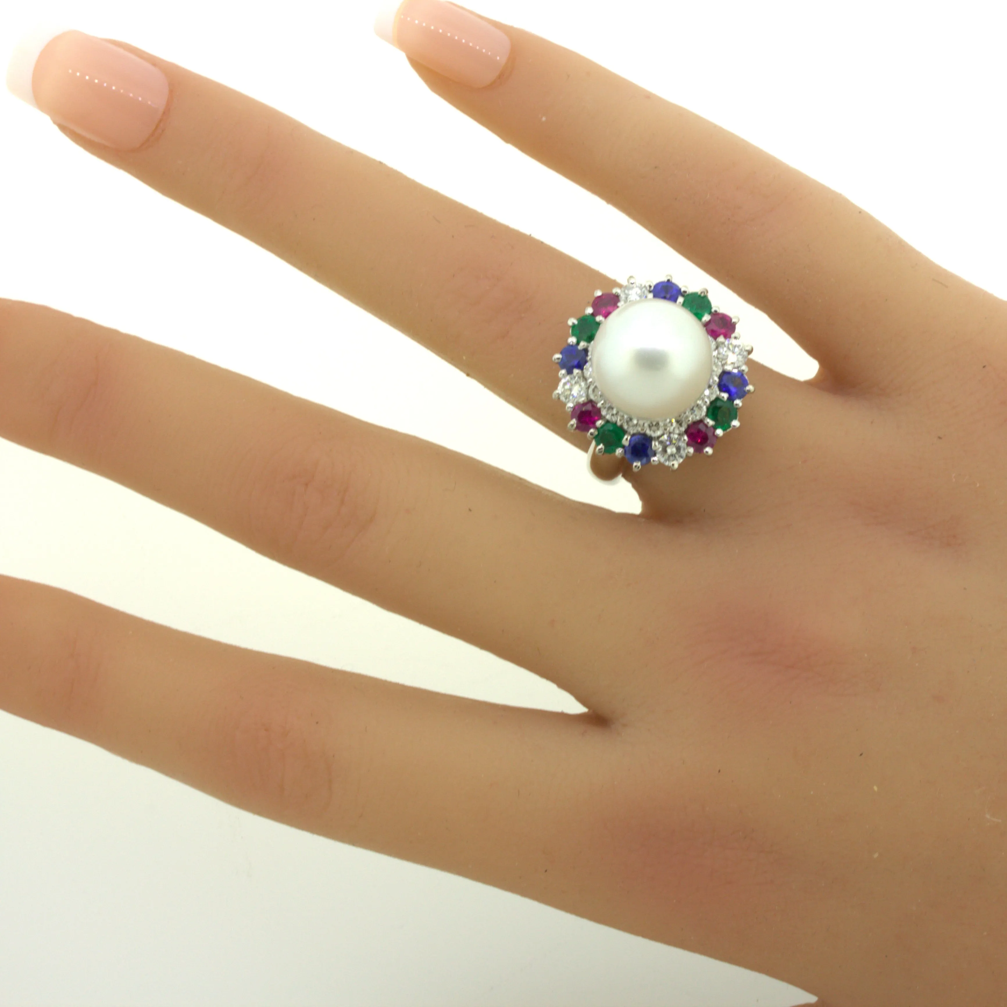 South Sea Pearl Diamond Ruby Sapphire Emerald Platinum Ring
