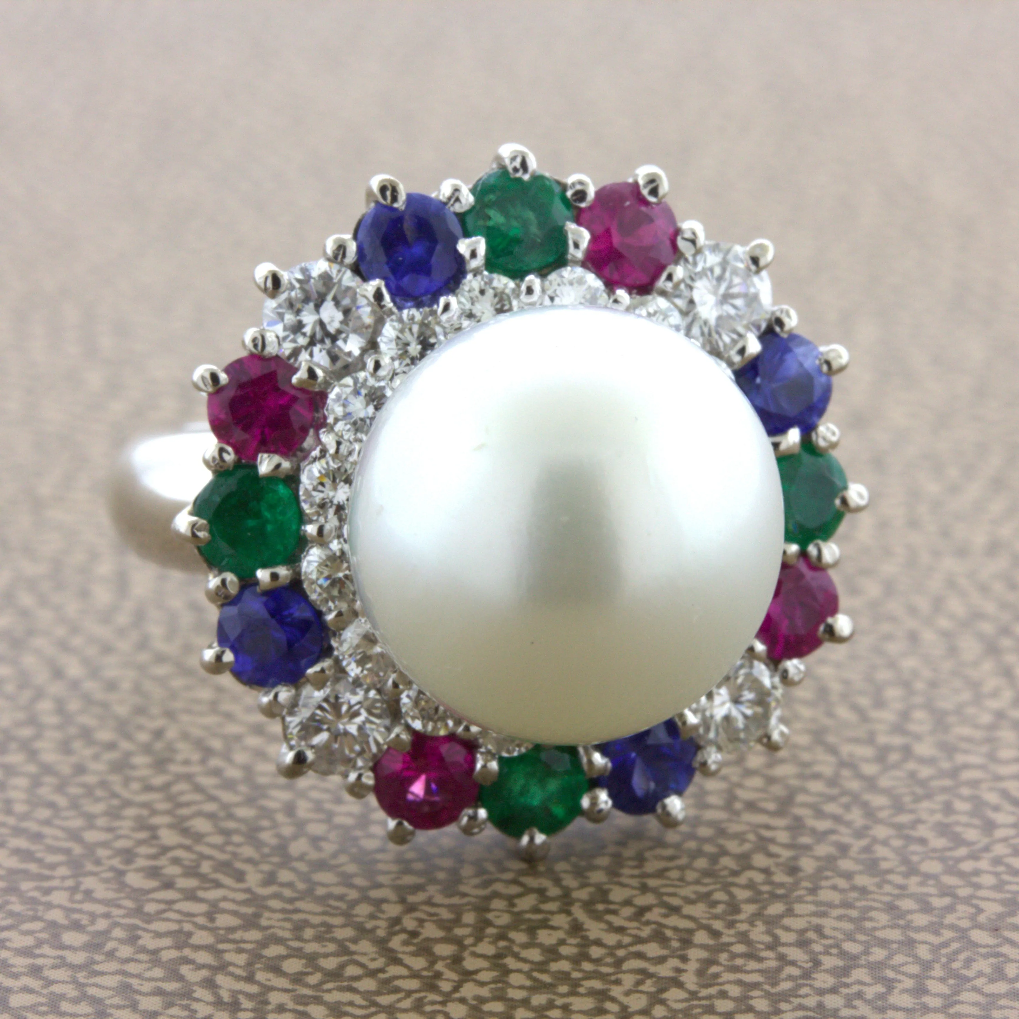 South Sea Pearl Diamond Ruby Sapphire Emerald Platinum Ring