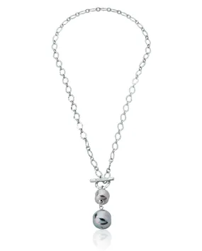 Sterling Silver Rhodium Plated Short Chained Necklace for Women with Baroque Grey and Nuage Pearls, 12/16mm Pearls, 18.9" Chain Length, Tender Collection