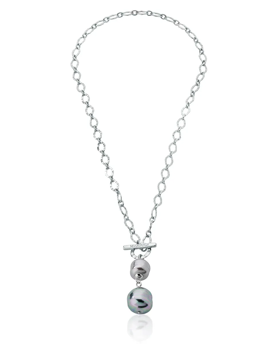 Sterling Silver Rhodium Plated Short Chained Necklace for Women with Baroque Grey and Nuage Pearls, 12/16mm Pearls, 18.9" Chain Length, Tender Collection