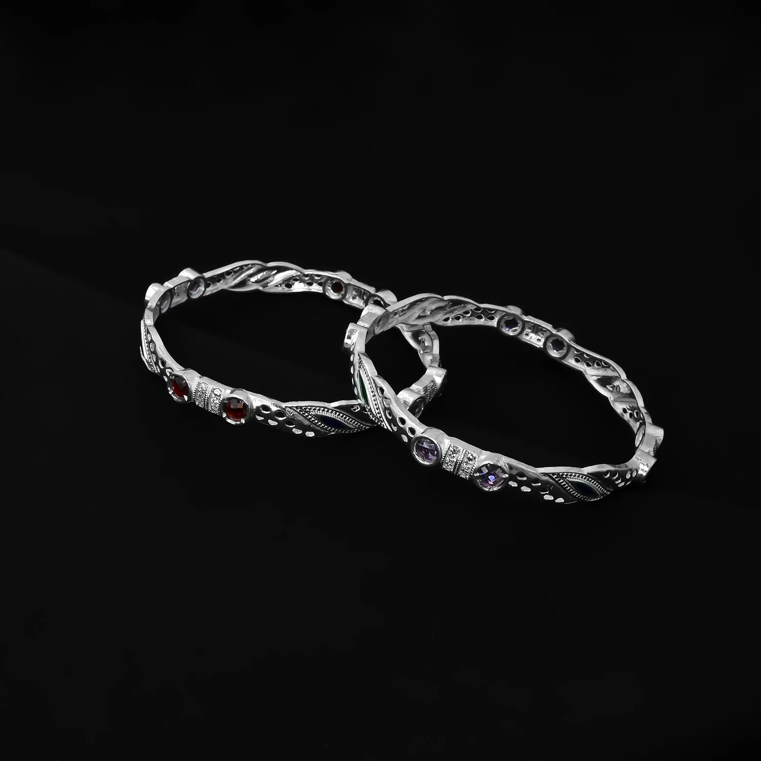 Stylish Silver Bangles Highlighted by Multicolour Stones