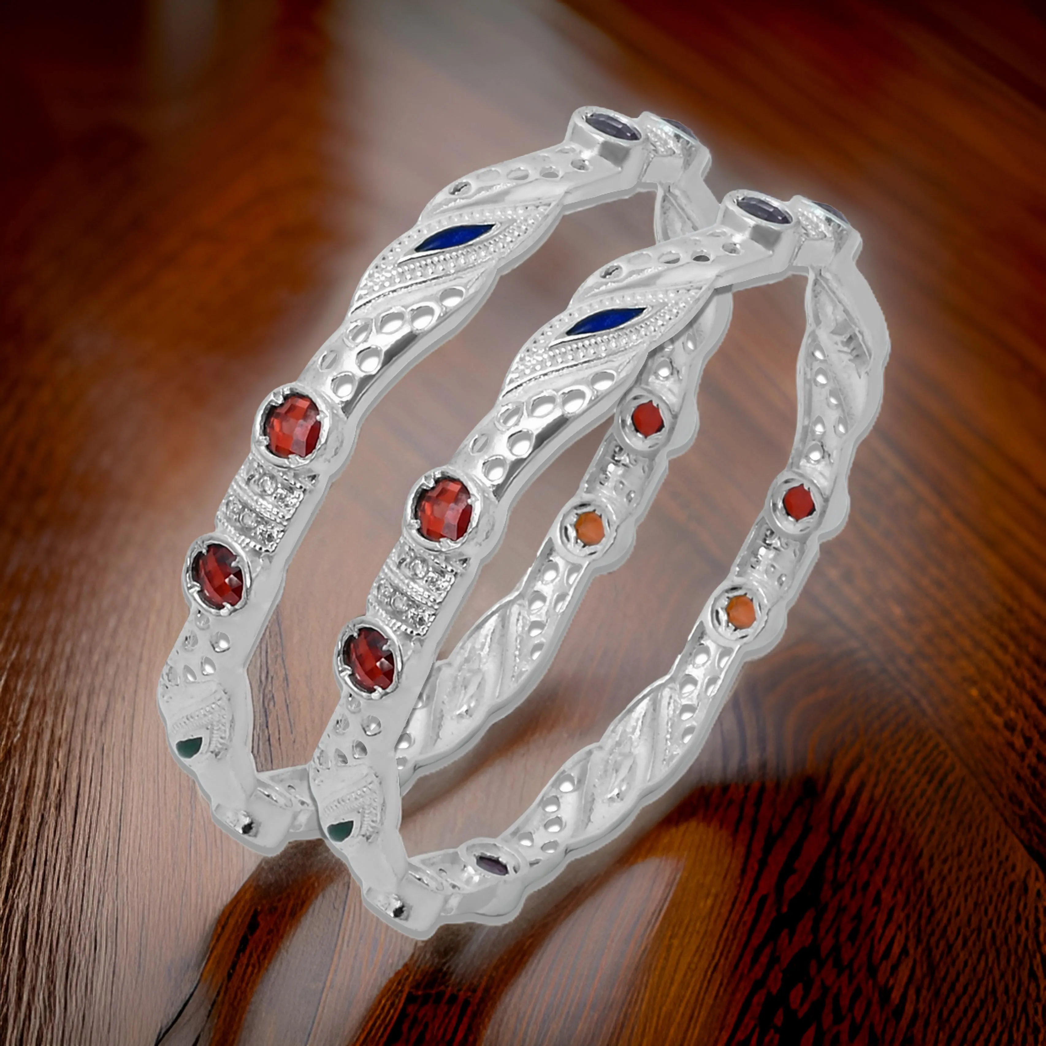 Stylish Silver Bangles Highlighted by Multicolour Stones