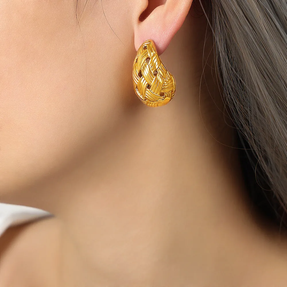Titanium Gold-Plated Woven Drop-Shaped Hollow Earrings with Personalized Touch