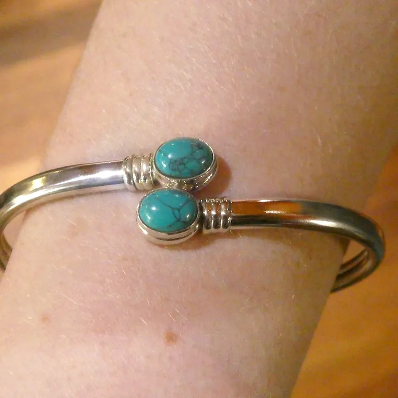 Turquoise Cuff Bracelet Bangle, Oval Cabochons, 925 Sterling Silver
