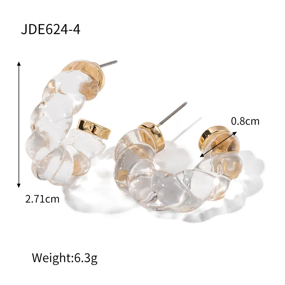 VAIGE 26mm C Shape Blue Resin Twist Hoop Earrings - Transparent Minimalist Cuff Design for Daily Wear