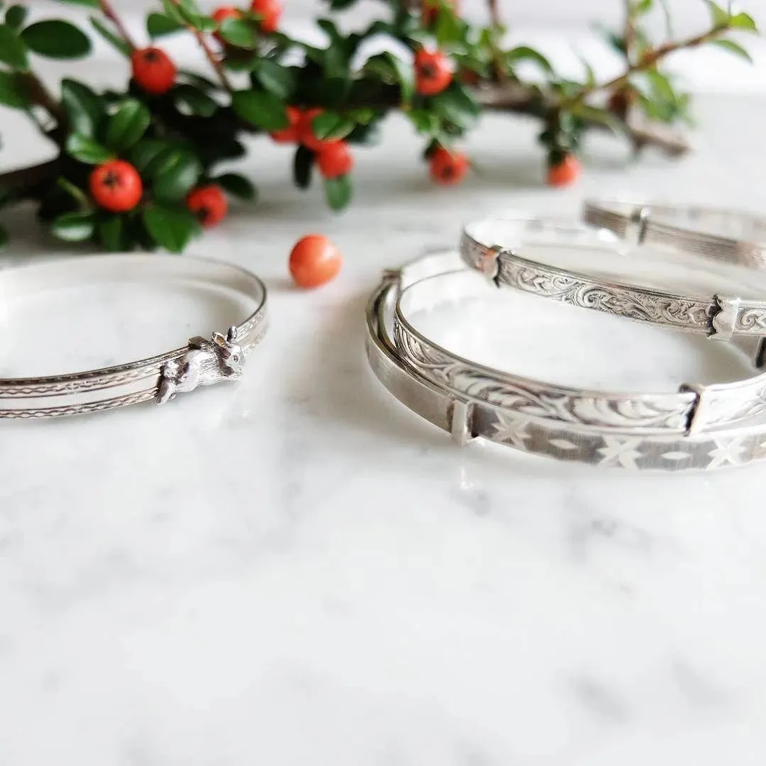 Vintage 1937 Engraved Silver Tiny Bangle Bracelet