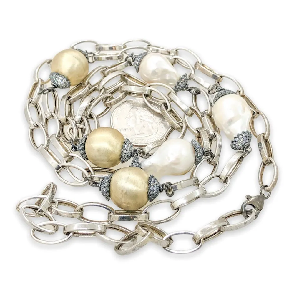 YGP Sterling Baroque Freshwater Pearl & CZ 42” Necklace