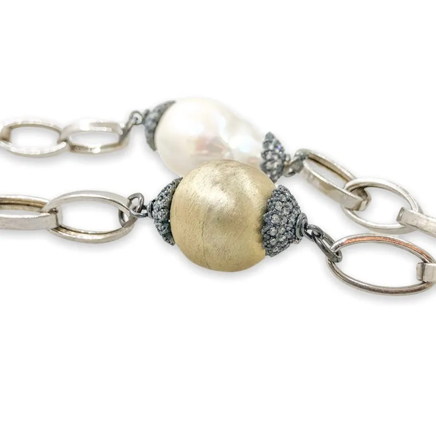 YGP Sterling Baroque Freshwater Pearl & CZ 42” Necklace